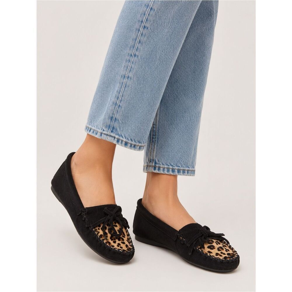 Anthropologie Minnetonka Black Moccasins with Leopard-Print Accent